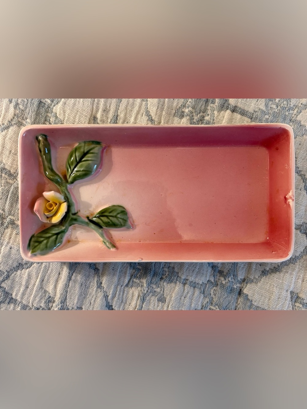 Vintage Royal Sealy Japan 1950’s Pink Ceramic Tray with Green Leaf & Yellow Rose